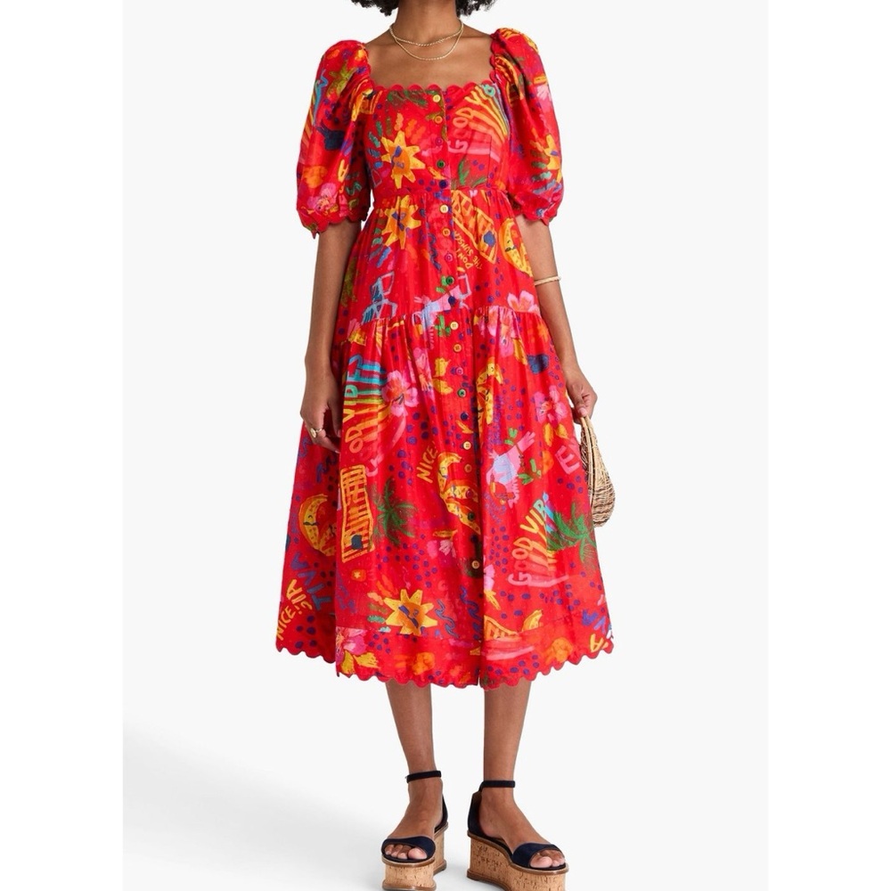 Farm Rio Good Vibes Vibrant Tropical Print Puff Sleeves Midi Red Dress